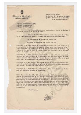 Comunicación Nº 10, La Plata, 1983-03-07. Transcripción texto de la Ley N 22710 del 1983-01-17 (t...