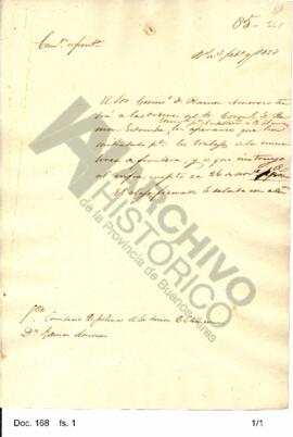Carta dirigida por Rosas al comisario de policía de Chascomús ordenándole poner a disposición del...