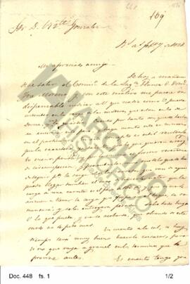 Borrador de una carta expedida por Rosas a Vicente González en la cual comunica la partida del co...