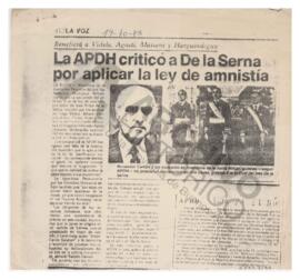 Recorte de Diario La Voz “La APDH criticó a De la Serna por aplicar la ley de amnistía” 1983