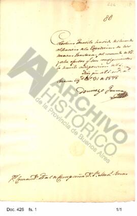 Domingo Guzmán notifica a Rosas que Celestino Gorosito ha sido destinado al servicio de la expedi...