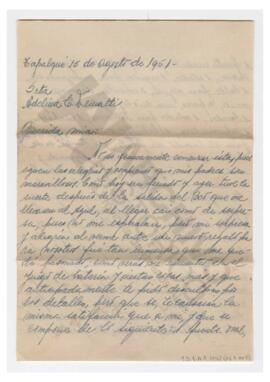 Carta enviada a Adelina por Luis María Alaye. 1951, Tapalqué