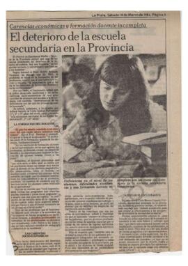 Recorte diario El Día "El deterioro de la escuela secundaria en la Provincia". 1984