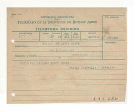 Telegrama recibido por Adelina y Luis María con motivo de su casamiento 1952