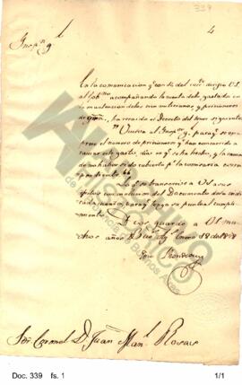 Oficio del Inspector General enviado a Rosas comunicándole el decreto relativo a los gastos causa...