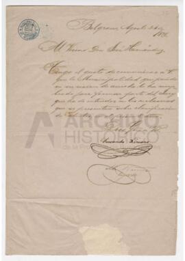 Nota de la Municipalidad de Belgrano dirigida a Hernández 1876