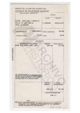 Pensión por fallecimiento de esposo con el monto de $156,11 beneficiaria Alaye, Adelina E. Dematti