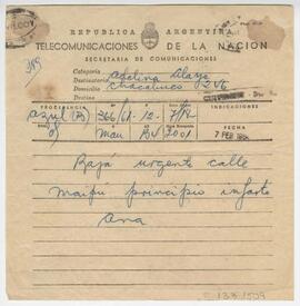 Telegrama enviado a Adelina desde Azul. Firmado por Ana. 1964