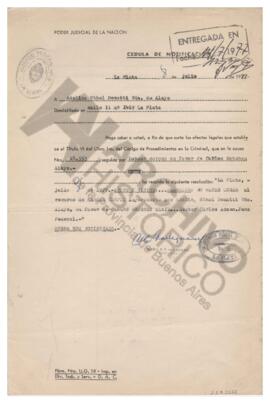 Cédula de notificación a Adelina con firma y sello, Poder Judicial de la Nación. 1977