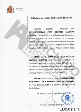 Declaración de reparación y reconocimiento personal de Estanislao Juan Claudio Lluesma Uranga por...