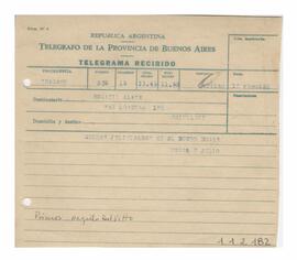 Telegrama recibido por Adelina y Luis María con motivo de su casamiento 1952