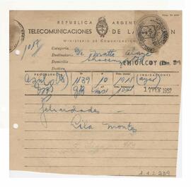Telegrama recibido por Adelina y Luis María con motivo de su casamiento 1952