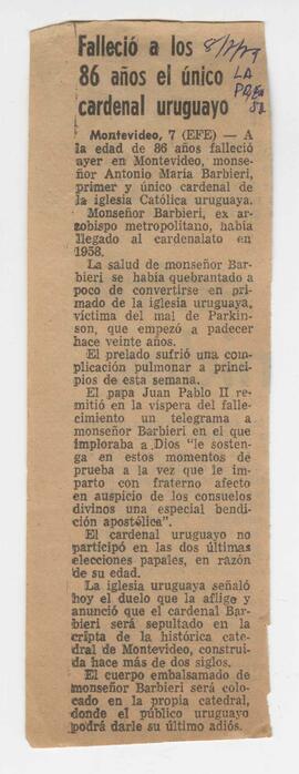 Recorte de diario La Prensa sobre el fallecimiento del Cardenal Barbieri 1979