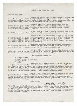 Correspondencia recibida por Adelina, firmada M. Jorge Camiño, desde París. 1982