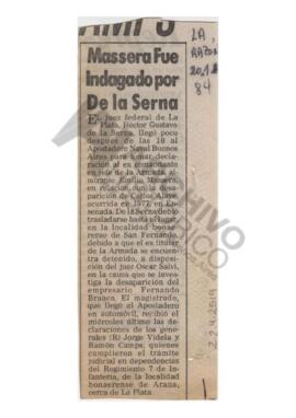 Recorte del diario La Razón “Massera fue indagado por De la Serna” 1984
