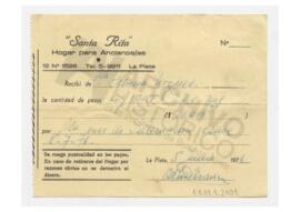 Comprobante de pago por internación en el hogar para ancianos “Santa Rita”. 1976