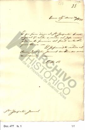 Borrador de una nota en la cual Rosas informa al Inspector General la remisión de un oficio recib...