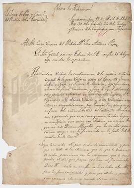 Carta dirigida por el juez de paz del partido de la Ensenada, al cura vicario del partido José An...