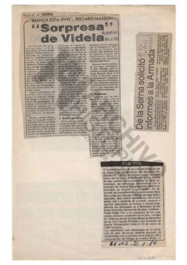 Cinco recortes de diario pegados en una hoja. 1984