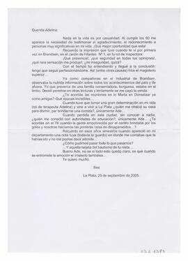 Correspondencia recibida por Adelina. Firmada por Bea. La Plata. 2005