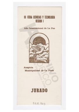 Tarjeta: III Feria Ciencia y Tecnología Región I. Auspicia Municipalidad de La Plata. Jurado.