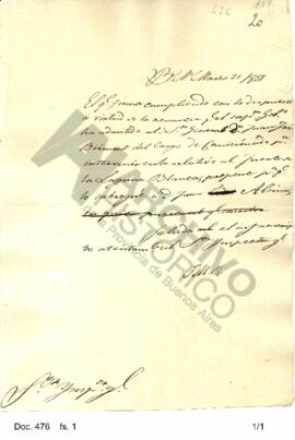 Borrador dirigido al Inspector General por Rosas en el cual propone a Juan Alsina para el cargo d...