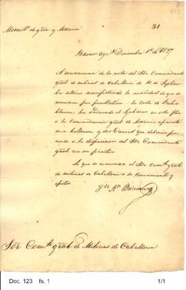 Juan Ramón Balcarce comunica la medida del gobierno por la cual  la Comandancia General de Marina...