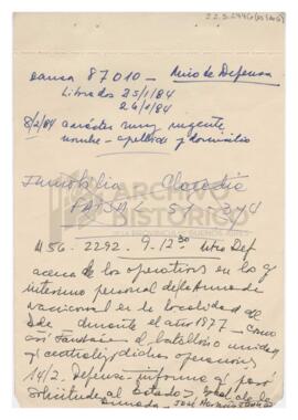 Manuscrito de Adelina sobre causa 87010, Jaunarena José Horacio, con direcciones de Videla, Camps...