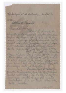 Carta enviada a Adelina por Luis María Alaye. 1951-09-18, Tapalqué. (Fs. 1). Con sobre