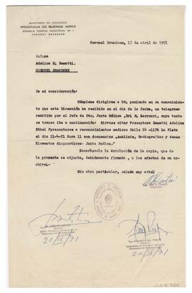 Nota enviada a Adelina a Adelina por el Director de la Escuela Técnica Industrial N1 de Brandsen,...