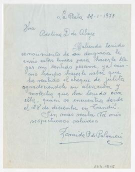 Carta enviada a Adelina firmada por Zoraida B. de Palmieri. La Plata. 1973