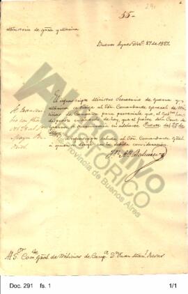 El Ministro de Guerra y Marina informa a Rosas la disposición gubernamental por la cual se impone...