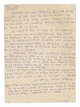 Carta recibida por Adelina de un grupo de estudiantes de la carrera de periodismo. Firmado por Ca...