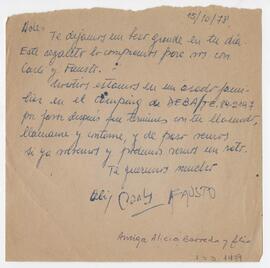 Nota dirigida a Adelina, firmada Ali, Carly, Fausto. 1978