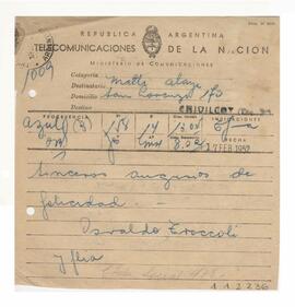 Telegrama recibido por Adelina y Luis María con motivo de su casamiento 1952