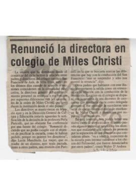 Recorte diario "Renunció la directora en colegio de Miles Christi"