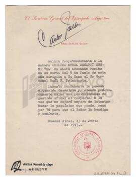 Carta del Monseñor Carlos Galán, el Secretario General del Episcopado Argentino y una nota de Ade...