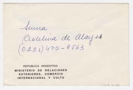 Sobre dirigido a Adelina. Rte: Ministerio de Relaciones Exteriores, Comercio Internacional y Cult...