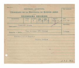 Telegrama recibido por Adelina y Luis María con motivo de su casamiento 1952
