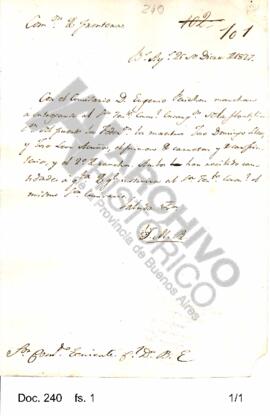 El Inspector General comunica a Rosas la resolución dictada  por el gobierno en la cuestión susci...