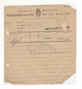 Telegrama recibido por Adelina y Luis María con motivo de su casamiento 1952