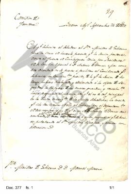 Copia de una nota dirigida por Rosas al Ministro de Gobierno, Manuel Moreno, solicitándole el ree...