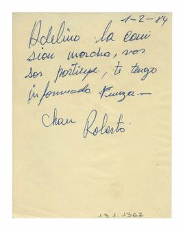 Nota dirigida a Adelina, firmada por Roberto. 1984