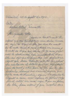 Carta enviada a Adelina por Luis María Alaye. 1951, Tapalqué