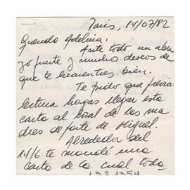 Nota dirigida a Adelina, firmada por Hugo, París. 1982