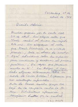 Carta enviada a Adelina desde Falkenberg, Suecia. Firmada por Margareta. 1984