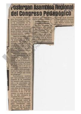 Recorte diario El Día "Postergan Asamblea Regional del Congreso Pedagógico". 1987