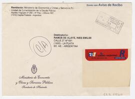 Sobre enviado a Ramos de Alaye, Inés Emilse, Rte. Ministerio de Economía y Obras y Servicios Públ...