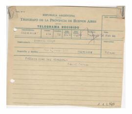 Telegrama recibido por Adelina y Luis María con motivo de su casamiento 1952