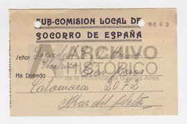 Comprobante de donación de cien pesos de la Sociedad Electrica a la Sub Comisión Local de Socorro...